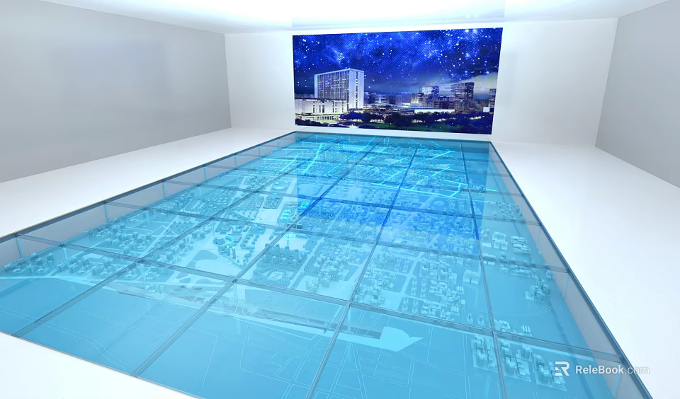 White Room Blue Transparent Glass Floor City Map Underneath Large Night City Painting Starry Sky 3d model 