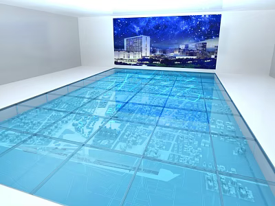 White Room Blue Transparent Glass Floor City Map Underneath Large Night City Painting Starry Sky 3d model