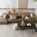 Modern Brown Sofa And Coffee Table Set In Living Room With Multiple Cushions Decorative Items