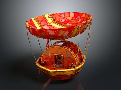 Ornate Red And Gold Hot Air Balloon With Intricate Patterns And Circular Gondola 3d model