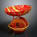 Ornate Red And Gold Hot Air Balloon With Intricate Patterns And Circular Gondola