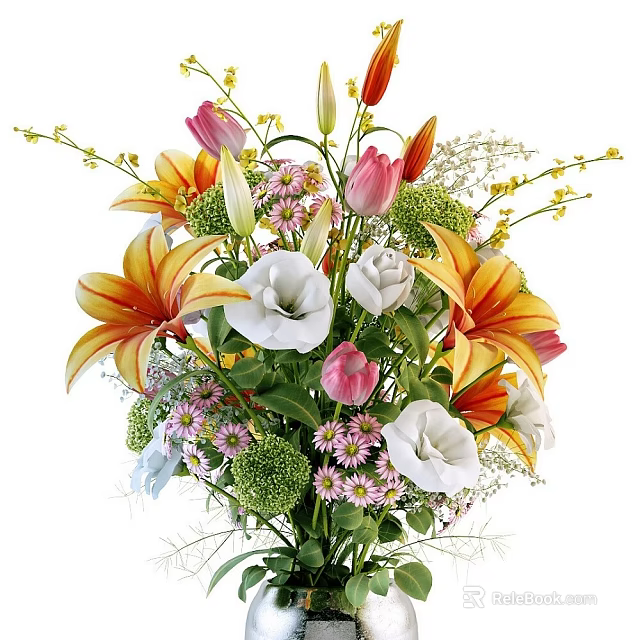 Colorful Fresh Flower Arrangement With Lilies Roses And Greenery In Vase 3d model 