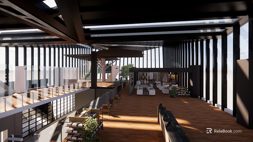 Modern Museum Building Interior With Wooden Flooring Open Space Natural Light And Black Slatted Structures 3d model 