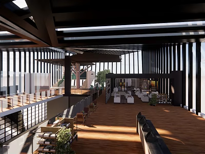 Modern Museum Building Interior With Wooden Flooring Open Space Natural Light And Black Slatted Structures 3d model
