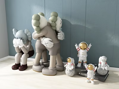 Kaws And Astronaut Themed Dolls Displayed In Room 3d model