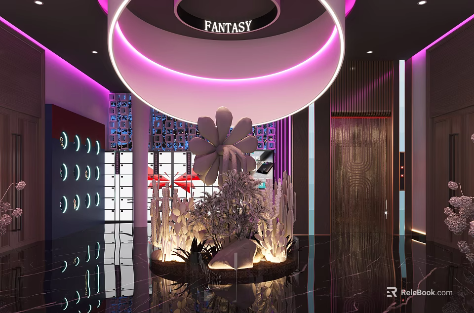Fantasy Bar Interior with Purple Lighting Circular Decor Large Floral Sculpture and Reflective Floor 3d model 