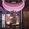 Fantasy Bar Interior with Purple Lighting Circular Decor Large Floral Sculpture and Reflective Floor