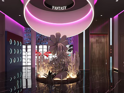 Fantasy Bar Interior with Purple Lighting Circular Decor Large Floral Sculpture and Reflective Floor 3d model