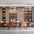 Modern Restaurant Interior With Wooden Walls Glass Display Cabinets And Brown Leather Chairs