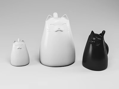 Minimalist Cat Shaped Decorative Ornament Set With White And Black Figurines In Various Sizes 3d model