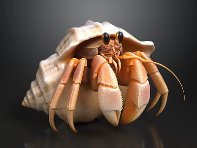 Hermit Crab In Spiral Shell With Pink Claws On Shiny Dark Surface 3d model