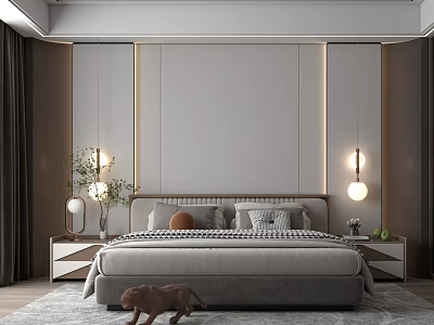 Modern Bedroom Interior Design With Gray Bedhead Wall Hanging Lights And Rug 3d model