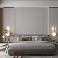 Modern Bedroom Interior Design With Gray Bedhead Wall Hanging Lights And Rug