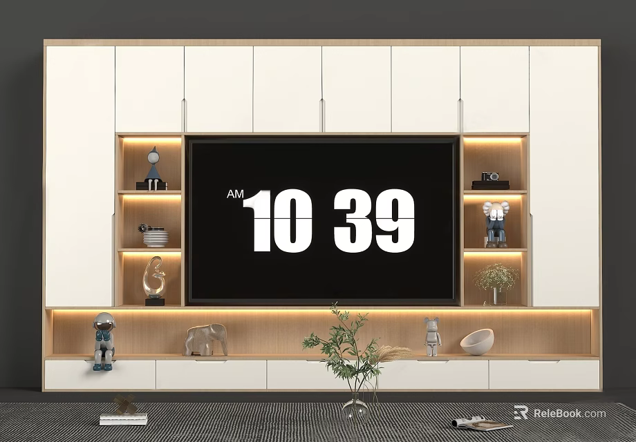 Modern TV Wall Cabinet Design With LED Lighting Storage Shelves And Decorative Items 3d model 