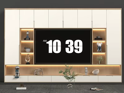 Modern TV Wall Cabinet Design With LED Lighting Storage Shelves And Decorative Items 3d model