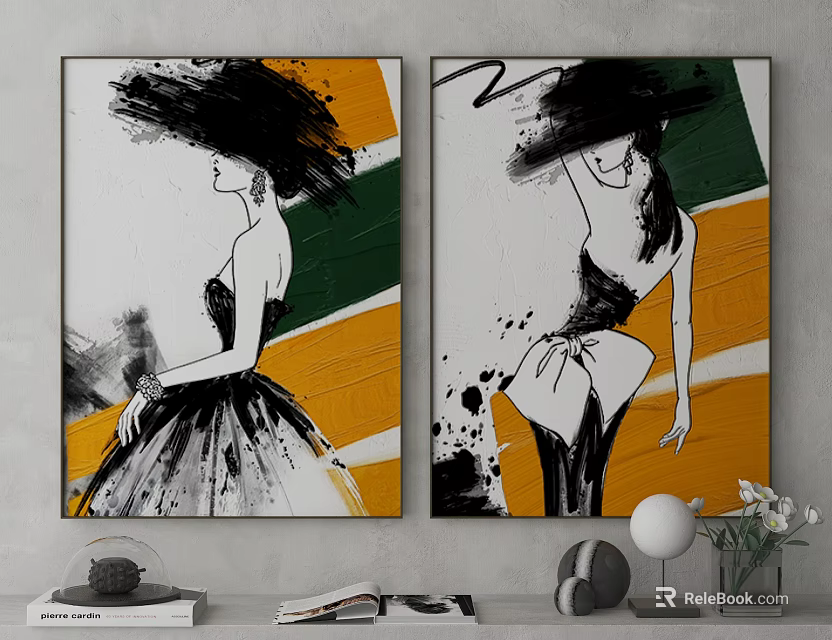 Abstract Paintings Featuring Fashionable Female Figures Yellow Green White Brushstroke Details Indoor Decor 3d model 