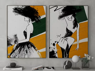 Abstract Paintings Featuring Fashionable Female Figures Yellow Green White Brushstroke Details Indoor Decor 3d model