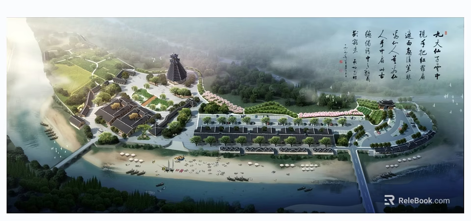 Scenic Aerial Planning of Cultural Tourist Area With Traditional Architecture River Beach and Green Trees 3d model 