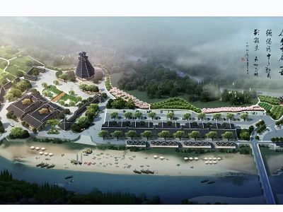 Scenic Aerial Planning of Cultural Tourist Area With Traditional Architecture River Beach and Green Trees 3d model