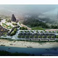 Scenic Aerial Planning of Cultural Tourist Area With Traditional Architecture River Beach and Green Trees