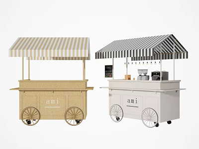 Ami Mobile Food Carts With Beige White Bodies Striped Canopies And Coffee Machines 3d model