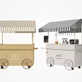 Ami Mobile Food Carts With Beige White Bodies Striped Canopies And Coffee Machines