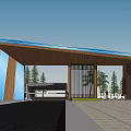 Modern Entrance Gate With Wooden And Blue Geometric Structure Surrounded By Trees And Paved Ground
