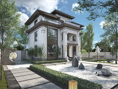 Traditional Chinese Detached Villa Exterior With Courtyard Stone Decor And Green Plants 3d model