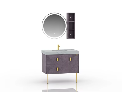 Modern Bathroom Cabinet With Round Mirror Wall-Mounted Shelf Gray Body Gold Hardware White Countertop 3d model