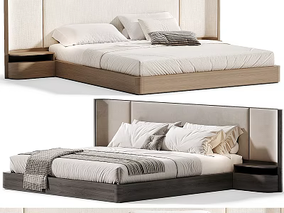 Modern Double Bed with Upholstered Headboard Wooden Frame Matching Nightstand Soft Pillows and Cozy Blanket 3d model