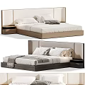 Modern Double Bed with Upholstered Headboard Wooden Frame Matching Nightstand Soft Pillows and Cozy Blanket