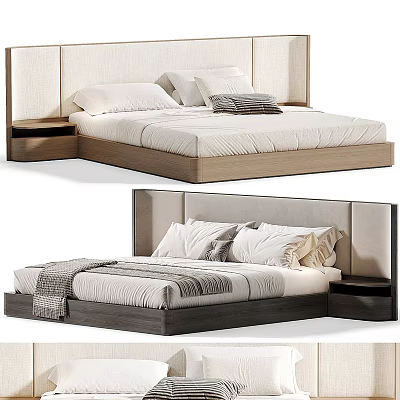 Modern Double Bed with Upholstered Headboard Wooden Frame Matching Nightstand Soft Pillows and Cozy Blanket 3d model