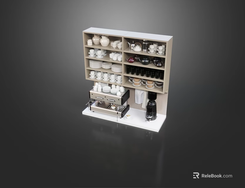 Neatly Arranged Kitchen Appliances Display Shelf With Various Cups And Coffee Machine 3d model 
