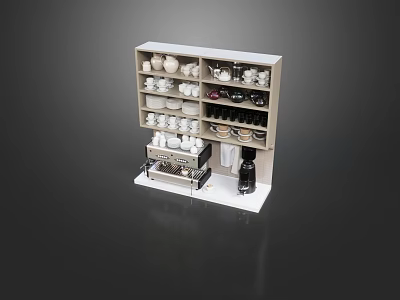 Neatly Arranged Kitchen Appliances Display Shelf With Various Cups And Coffee Machine 3d model
