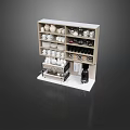 Neatly Arranged Kitchen Appliances Display Shelf With Various Cups And Coffee Machine