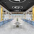Spacious Cafeteria Interior With Food Stalls Yellow Pillars Wooden Ceiling And Tables Chairs