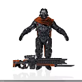 Futuristic Armored Warrior With Black Silver Armor Orange Cape And Chainsaw Gun Weapon