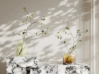 Stylish Glass Vases With Green Leaf Branches On Marble Table With Light Shadows 3d model