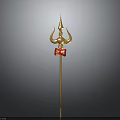 Ornate Golden Trident Weapon with Three Pronged Head Red Decorative Plaque and Shaft