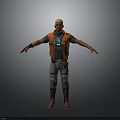 Futuristic 3D Character Model In Orange Vest With Gray Pants And Mechanical Leg Details Standing
