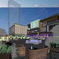 Modern Commercial Complex With Glass Facades Illuminated Exterior Outdoor Plaza Seating Areas And Greenery
