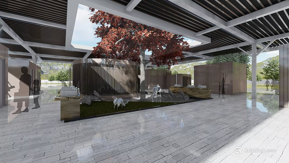 Modern Interior Courtyard With Red Leaf Tree Wooden Partitions Stone Tile Flooring And Skylight 3d model 