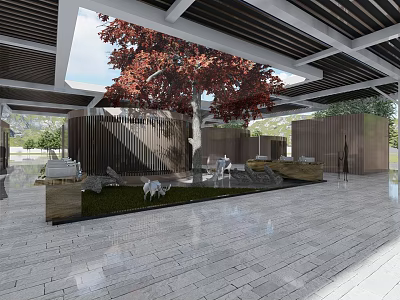 Modern Interior Courtyard With Red Leaf Tree Wooden Partitions Stone Tile Flooring And Skylight 3d model