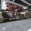 Modern Interior Courtyard With Red Leaf Tree Wooden Partitions Stone Tile Flooring And Skylight