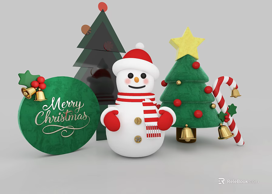 Festive Christmas Art Installation With Snowman Tree Star Bells Candy Cane And Sign 3d model 