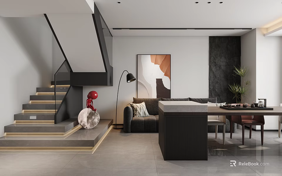 Modern Minimalist Open Plan Living And Dining Room With Cozy Sofa And Functional Dining Island 3d model 