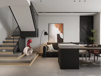 Modern Minimalist Open Plan Living And Dining Room With Cozy Sofa And Functional Dining Island 3d model
