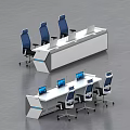 Modern Office Desk Workstation With Blue Chairs And Multiple Computer Monitors 3d model