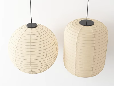 Beige Paper Lantern Style Pendant Lights With Round And Cylindrical Shapes And Black Bases 3d model