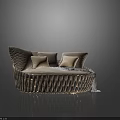 Round Wicker Outdoor Sofa With Neutral Cushions And Soft Throw Blanket For Modern Patio Seating